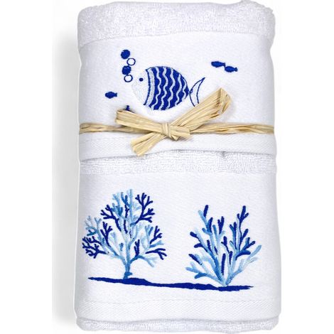 Set Asciugamani Mare Bianco Pesci Coralli - Spugna 100% Cotone - Ricamo Nautico Blu - Made in Italy