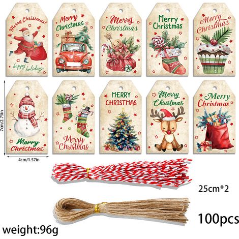 Lot de 100 étiquettes cadeaux en papier kraft motif Noël + 50 cordes chanvre naturel + 50 cordes rouge et blanc