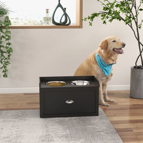 PawHut Futterstation, 2 Fressnäpfe je 2 Liter, Edelstahl, mit Schublade, für große Hunde, schwarz+silber, 60 x 30 x 36 cm