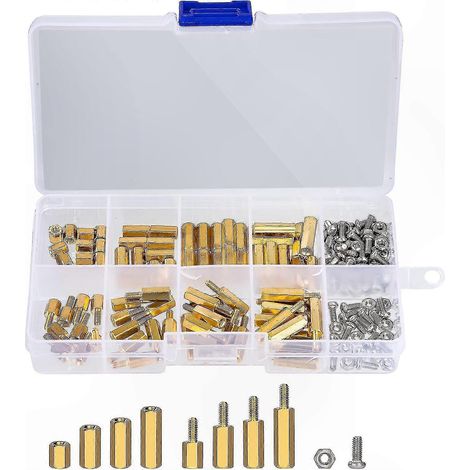 Kit de 180 pièces de vis en acier inoxydable et boulons en cuivre hexagonal, avec écrous entretoises mâle-femelle M2.5, rangés dans une boîte de stockage pratique. (1/5)