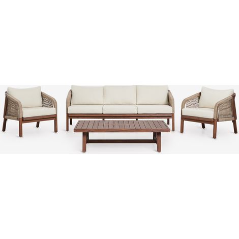 SKLUM Wohnzimmerset mit 3-Sitzer-Sofa, 2 Sesseln und Couchtisch aus Akazienholz Dubai              Akazienbraun dunkel                     