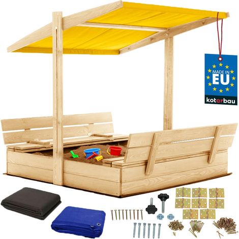 KOTARBAU® Bac à Sable Enfant Extérieur Bois de Pin 120x120 cm Naturel Bac à Sable avec Couvercle et Bancs Pliables Protection Solaire avec Toit Jaune
