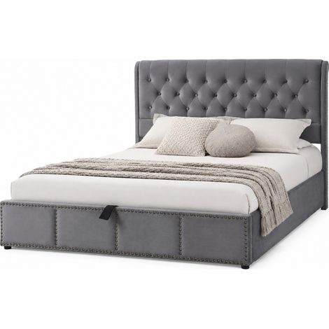 Polsterbett 140x200 cm aus Samt, Doppelbett mit Bettkasten und Nieten, ohne Matratze, grau (1/5)