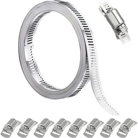 Collier de Serrage Inox Set 4m Collier Serrage avec 8 Fixation Colliers de Serrages Métallique Réglable pour Tuyaux Gaz Eau Voiture Machine à Laver Câble Robinet (1/5)