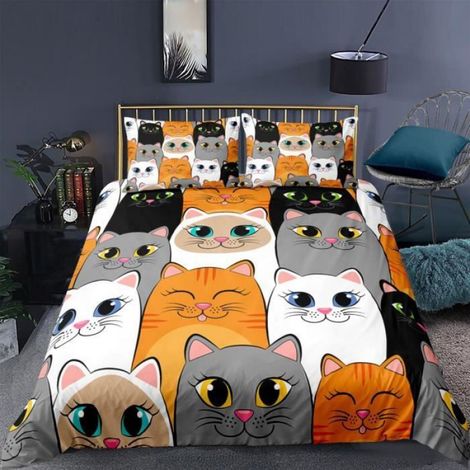 Housse de Couette en Microfibre 200x200 Parure de Lit avec 2 Taies d'Oreiller (Chat 2) (1/3)