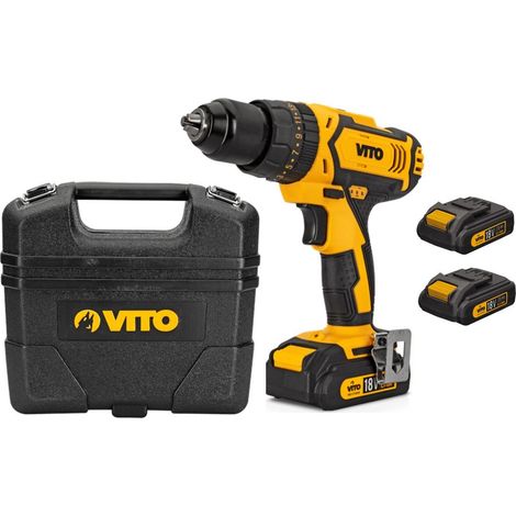 Perceuse visseuse sans fil 18V + 2 Batteries Lithium 2.0Ah Mallette Professionnelle de 18 accessoires de vissage et perçage VITO