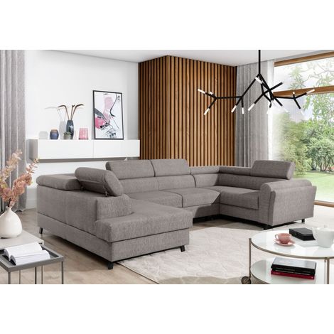 Canapé panoramique convertible SKADA tissu – Rangement et appuis-têtes réglables à gauche-Marron clair-Coffre à gauche (1/5)