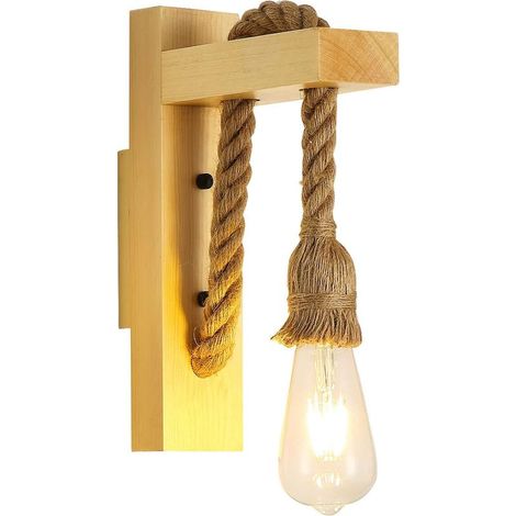 Applique Murale Bois Rétro,Spots Muraux Vintage Industriel, E27 Corde De Chanvre Créative Lampes Murales pour Chambre, Balcon, Couloir, Cuisine, Escalier (1/5)