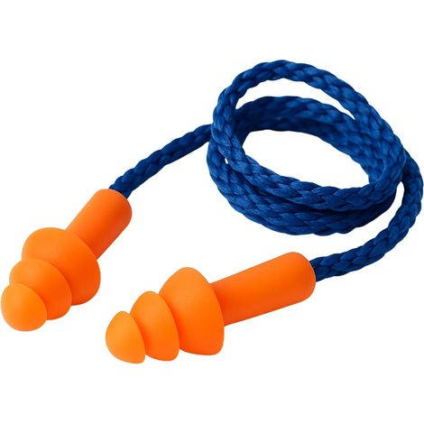 Lot 80 paires bouchons d’oreille anti-bruit avec cordon bleu 58 cm – silicone, triple collerette – orange haute visibilité – réduction du bruit jusqu’à 50% – atelier, chantier, concert, sommeil (1/5)
