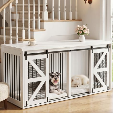 Cage pour chiens intérieure à deux compartiments, 160 x 60 x 75 cm, métal et MDF, blanche (1/5)