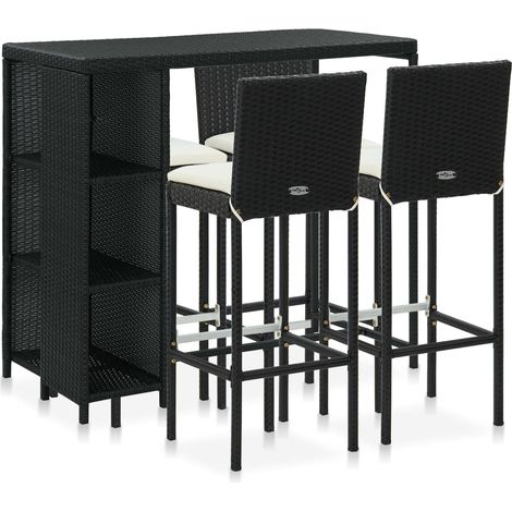 5-tlg. Gartenbar-Set mit Kissen Poly Rattan Schwarz