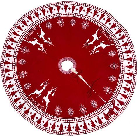 Tapis de sapin de Noël rouge tricoté avec neige et rennes (1/5)