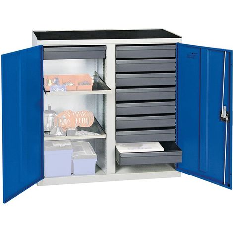 Werkzeug-/Beistellschrank H1000xB1000xT500mm 9Schubl.,4Bd.lichtgrau/enzianblau (1/5)