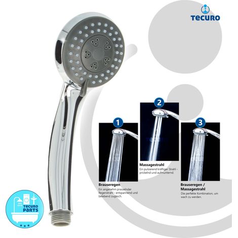 tecuro Komfort-Handbrause Ø 70 mm, mit 3-Funktionen und Antikalknoppen, verchromt (1/5)
