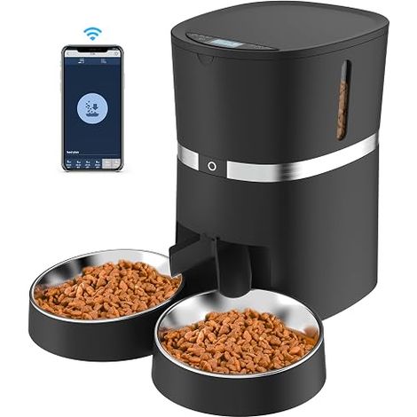 Automatic Cat Food Dispenser 4L for Cats and Dogs Double Bowls 6 Meals (Black)