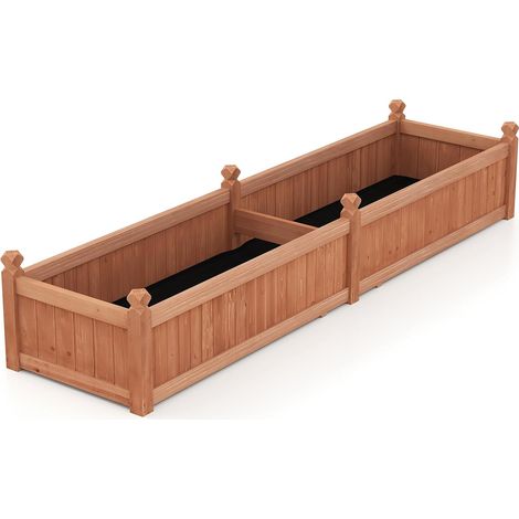 GOPLUS Jardinieres Exterieur Carré en Bois de Sapin avec 2 Compartiments, 227 x 59,5 x 40 CM, Jardiniere Balcon avec Fond Amovible, Couche en Tissu et 8 Trous de Drainage, pour Fleur, Légume (Café) (1/5)