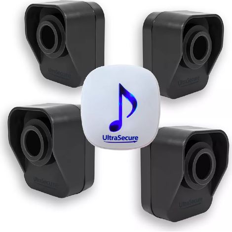 Ultra Secure – Kit alerte de passage 600 mètres – 4 détecteurs de mouvement autonomes – 1 carillon 35 mélodies – Détection jusqu'à 15 mètres