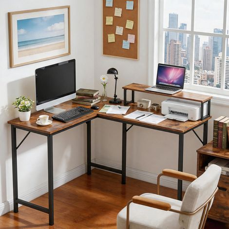 Bureau d'angle industriel réversible avec étagère de rangement pour petit espace (1/5)