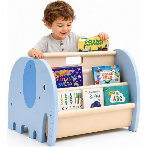Bibliothèque Enfant à 2 Niveaux – Étagère à Livres Double Face en Bois, Design Éléphant, Bleu (1/5)