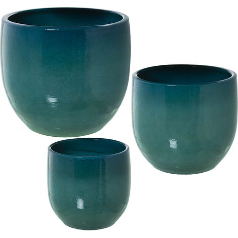 Set von 3 blauen Keramikpflanzern ° 28x30 cm+° 24x25 cm+° 19x20cmpour Alle Stile, um dem Haus eine Note zu verleihen (1/5)