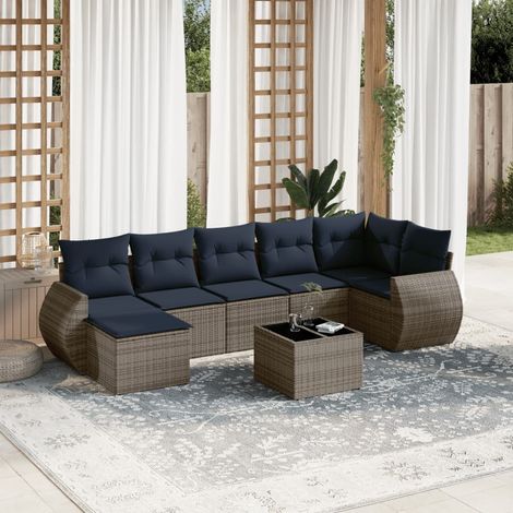 Salon de Jardin Modulaire 8 Pièces en Résine Tressée Grise et Coussins Bleu Marine - PANGIVO (1/5)