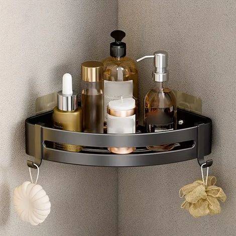 (1 triangle noir) 1 étagère de rangement murale d'angle en aluminium sans perçage pour salle de bain - Idéale pour ranger shampoing, gel douche et autres produits cosmétiques. (1/5)
