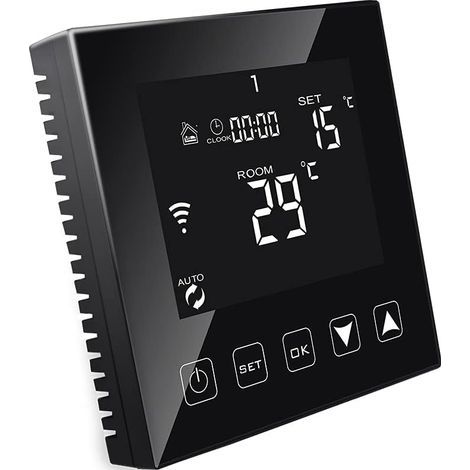 Thermostat Intelligent WiFi pour Chauffage au Sol électrique avec sonde Alexa Google Assistant Compatible, Thermostat Connecté Programmable Plancher Chauffant Electrique 16A Noir (1/5)
