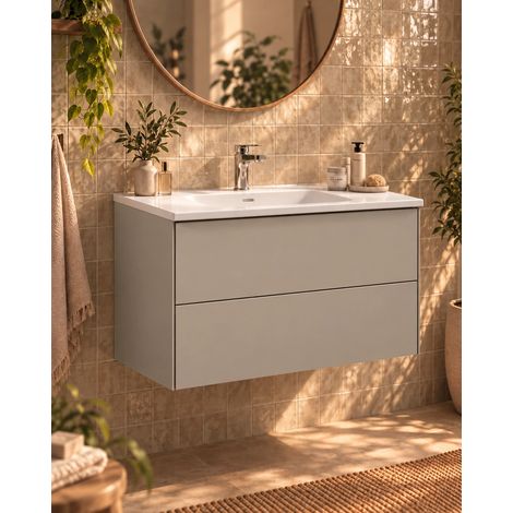 Mobile bagno 80x46 tortora Prato con lavabo in ceramica bianco lucido (1/5)