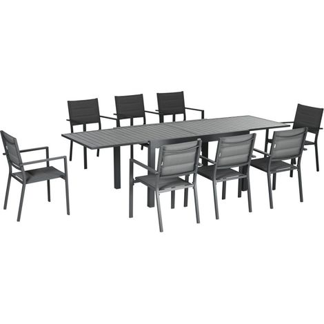 Salon de Jardin Exterieur 6-10 Personnes, 6+1 Mobilier de Jardin Aluminium, 8 Chaise Empilable Aluminium et 1 135-270CMTable de Jardin Extensible,Salon de pour Balcon, Gris Foncé (1/5)