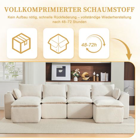 Canapé convertible 4 places avec 2 poufs, coussins inclus, porte-verres, rangements latéraux, structure mousse/ressorts, assise confortable. Configurations illimitées – parfait pour séjour, espace pro (1/5)