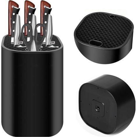 Bloc à couteaux   couteaux, porte-couteaux élégant avec 21 fentes flexibles et design de drainage intelligent, bloc rond pour tous les couteaux et ciseaux de cuisine, non équipé, noir (1/5)