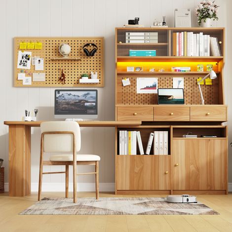 Meuble haut avec bureau et comptoir de bar, armoire multifonctionnelle à LED et commande via application, portes en verre, étagères réglables, panneau perforé, pour salon et salle à manger, brun natur (1/5)