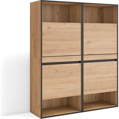 Skraut Home – Meuble à chaussures 120x145x35 cm – Armoire à chaussures en mélamine chêne – 2 compartiments avec portes abattantes – Capacité 10 paires (1/5)