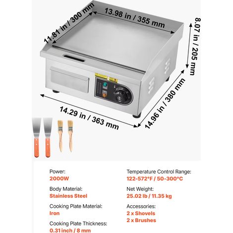 Gril électrique inox – 14 pouces – 50-300°C – Plaque à plat – Réglage thermostat – Comptoir – Steaks/crêpes (1/5)