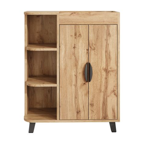 Range-chaussures étroit deux portes avec casiers ouverts aspect bois