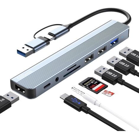 Hub USB C 3.0, Adaptateur Multiport USB Hub 3.0 8 en 1 avec SD, TF, U-S-B 3.0, U-S-B 2.0, Ports Audio 3,5 mm, Hub USBC pour MacBook Air/Pro, Galaxy, iPad, Windows, etc (1/5)