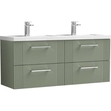 Nuie Deco Satin Green 1200mm Wall Hung 4 Drawer Vanity Unit and Double Polymarble Basins - DPF893C (1/5)