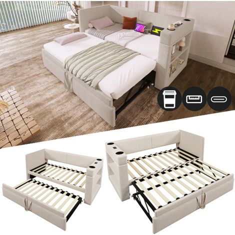 Divano letto imbottito 90x200 cm, divano letto singolo con letto estraibile, braccioli con porta di ricarica USB e Type-C e portabicchiere, tessuto misto lino, beige, senza materasso.