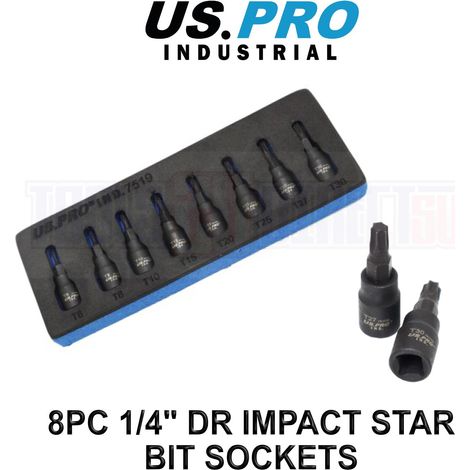 US PRO Torx Impact Socket Bit Set 8pc 1/4"" Drive Star Keys T6-T30 Foam Tray 7519 (1/4)