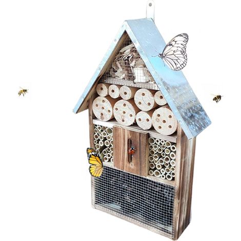 Relaxdays Insektenhotel, Holz, wetterfestes Metalldach, HxBxT: 48 x 31 x 10 cm, Insektenhaus zum Aufhängen, geflammt
