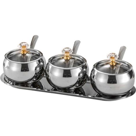 Boîte À Épices - Ensemble De 3 Compartiments En Acier Inoxydable 304 Avec Couvercles En Verre Et Cuillères - Pour Cuisine Maison Ou Professionnelle - Lot De 1 (1/5)