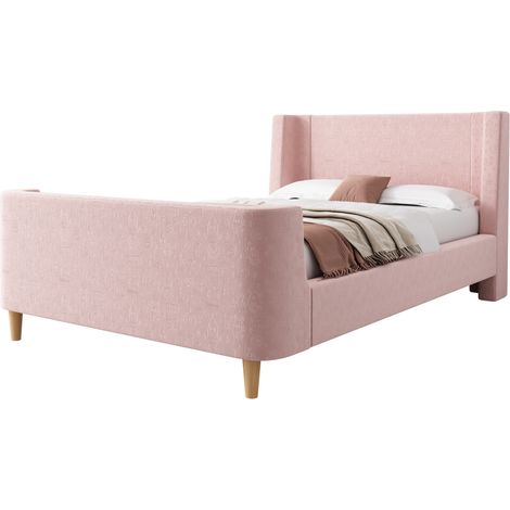 Lit enfant 90x200 capitonné en velours rose, design traîneau avec motifs spatiaux, tête de lit rembourrée et structure stable, sans matelas CHICFURN (1/5)
