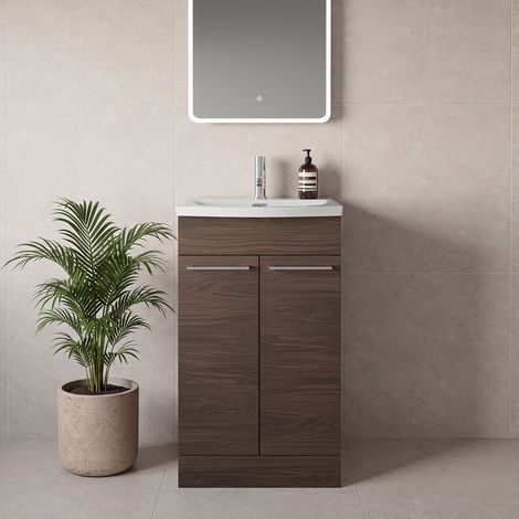 Napoli 390 Brown Oak 500mm 2 Door Vanity Unit with Arc Basin - 500mm - Chrome 160mm Handle