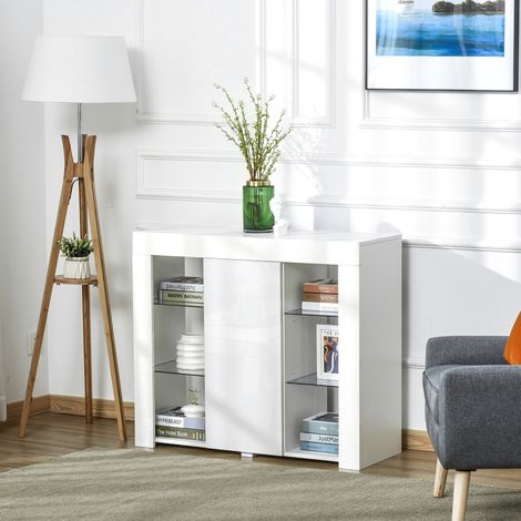 Blanc - Buffet moderne avec porte avec lumières LED et étagères en verre, meuble polyvalent en bois à finition brillante, 97x35x83cm