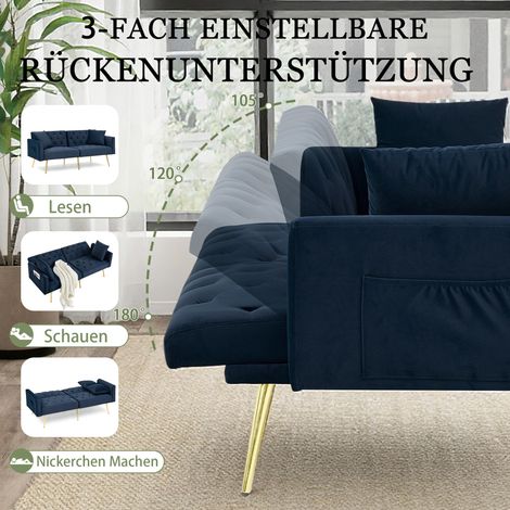 Canapé deux places moderne en velours, dossier réglable en 3 positions, 2 coussins inclus, pieds en métal robustes, doux et confortable pour salon, appartement en location, petit appartement, bleu (1/5)