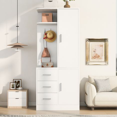 Armoire 1 porte 70x50x170cm avec penderie étagères tiroirs et crochets - Bois - Blanc (1/5)