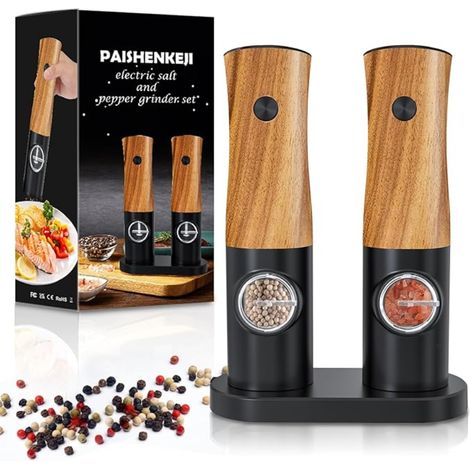 Moulin à sel et à Poivre Électrique Grosseur réglable à Piles avec Base Salieres poivrieres à utiliser d'une seule main Grain de bois (1/5)