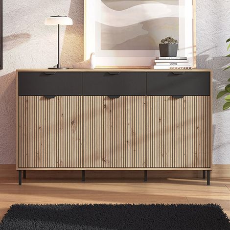 Robbio Sideboard, 3 Schubladen, 3 Regale, Schwenk- und Schiebetüren, 157x40x92,5h cm Eiche Braun (1/5)