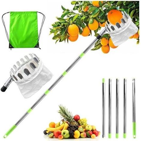 Cueille Fruits avec Sac, Cueilleur de Fruits Amovible, Avec Manche Télescopique, 2m Ramasse Fruit de Inox, Sac de Collecte (1/5)