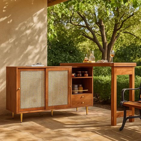 URBAN MEUBLE Table de bar de jardin extensible rotative à 360° effet bois avec portes en rotin 107x40x71.4cm (1/5)